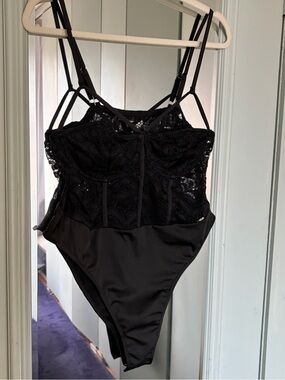 Women's Black Lace Satin Strappy Bodysuit Ribbed Solid Black Plus Size 0XL
